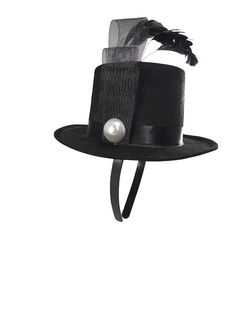 "Mini Black Top Hat on Headband. This mini top hat has an attached ribbon with a pearl decor. Attached on a lightweight headband. Perfect for Halloween, Steampunk costumes, Halloween and more! One Size Fits Most Adults and some children. Top hat itself stand approximately 3.5\" tall and approximately 7.5\" wide." Punk Top Hat For Halloween Party, Adjustable Punk Mini Hats For Halloween, Punk Style Top Hat For Halloween Party, Punk Style Halloween Party Top Hat, Steampunk Brimmed Costume Hats And Headpieces For Party, Carnival Adjustable Top Hat With High Crown, Adjustable High Crown Top Hat For Carnival, Punk Headband Costume Accessories For Party, Adjustable Gothic Top Hat For Costume Party