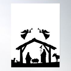 a black and white silhouette of the nativity scene with three wise men, two baby jesus and an angel poster