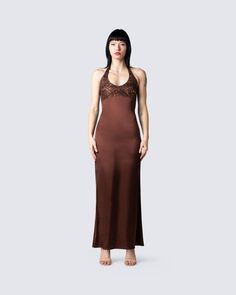 Leana Brown Halter Dress Glamorous Sleeveless Brown Dress, Brown Spaghetti Strap Evening Dress, Fitted Brown Halter Neck Dress, Glamorous Brown Dresses For A Night Out, Brown Backless Dress For Date Night, Elegant Brown Maxi Dress For Night Out, Brown Evening Maxi Dress, Brown Summer Party Slip Dress, Brown Sleeveless Maxi Dress For Formal Occasions