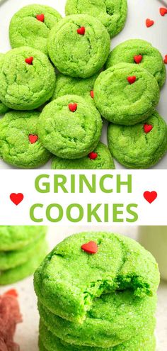 green cookies with red hearts on top and the words grin cookies above them in white letters