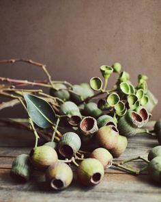 some green berries and leaves on a wooden table