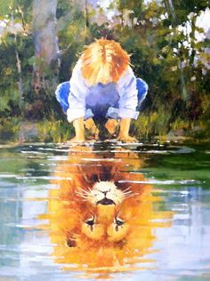 a painting of a lion in the water with its reflection on it's face