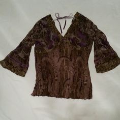 New Long Sleeve Sheer Paisley Pattern Blouse With Velvet Trim And Back Tie Ribbon. Fitted V-neck Brown Blouse, Fitted Brown V-neck Blouse, Brown Stretch Blouse For Spring, Spring Stretch Brown Blouse, Elegant Stretch Brown Top, Elegant Brown Stretch Top, Spring Party Brown Blouse, Fitted Brown Blouse For Party, Elegant Brown Spring Tops