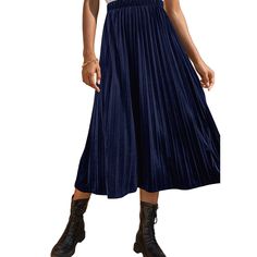 Navy Blue Velvet Pleated A-line Skirt