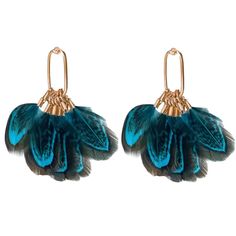 two pairs of earrings with feathers hanging from them