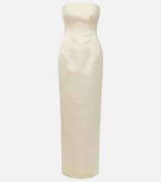 Strapless gown in white - Emilia Wickstead | Mytheresa White Dress With Straight Neckline And Back Zipper, Satin Sheath Maxi Dress For Wedding, Sheath Satin Maxi Dress For Wedding, Satin Sheath Wedding Maxi Dress, Silk Gown With Fitted Bodice And Straight Neckline, Cream Satin Fitted Evening Dress, Fitted Cream Satin Evening Dress, Fitted Cream Satin Maxi Dress, Formal Off White Satin Dress