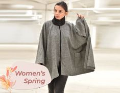 "Wool Cape Poncho ◈ Stylish and chic fashion is our shared dream! You can be sure that this piece is made with a lot of love and craftsmanship. ◈ S I Z I N G ◈ Poncho's width: 1.40 cm/ 0.55\" Due to the fabric specifications, sleeves of the plus size models will be shorter. Convo me for more questions! This item is available from XS to 4XL. Please, have a look at my Size Chart below before placing your order. ◈ D E L I V E R Y ◈ This item will be shipped in up to 5 days after your order was plac Oversized Winter Poncho For Work, Winter Workwear Oversized Poncho, Oversized Gray Cape For Fall, Oversized Winter Workwear Poncho, Oversized Batwing Sleeve Outerwear For Winter, Oversized Winter Outerwear With Batwing Sleeves, Gray Oversized Cape Outerwear, Oversized Gray Cape Outerwear, Oversized Cape For Layering