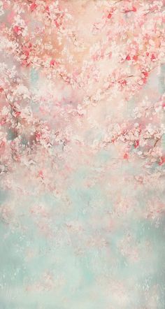 an abstract painting with pink and blue flowers on the bottom half of it, in pastel tones