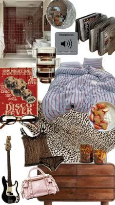 a collage of various items including a bed, purse and other things in the room