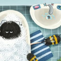 two bees are in the bathtub and one is holding a towel with his face