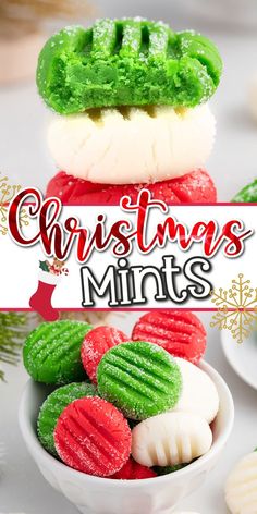 christmas mints in a white bowl with green and red frosting on the top