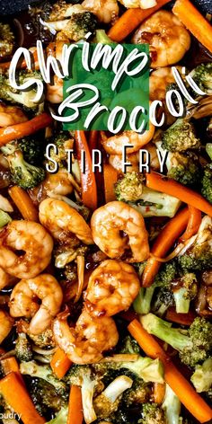 shrimp and broccoli stir fry in a skillet with the title overlay