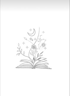 an open book with flowers and stars coming out of it, on a white background