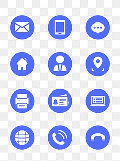 blue and white icons on a transparent background, including phone, email, mailbox, telephone