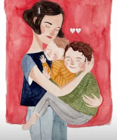 a watercolor painting of a woman holding two young children in her arms, with hearts on the background