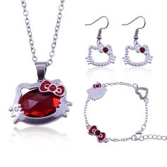 Japanese Cute Kitty Pendant Necklace Earrings Bracelet Set Female Sweet Animation Alloy Inlaid Red Jewelry Gifts on February Model Number:1005001896183810 Hello Kitty Outfit, Red Jewelry Set, Sanrio Stuff, Hello Kitty Stuff