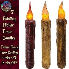 Twisting Flicker Flame 6" Timer Candle Cranberry, Burnt Ivory & Burnt Mustard Twisting Timer Taper is a grungy, battery-operated candle that looks as though its wax coating is dripping down its sides. Its realistic flicker runs for 6 hours on, 18 hours off and is switched on by twisting the base of the candle. The base also twists off for easy access to the batteries. 2 AA batteries required (not included) and 6” high by 1” in diameter. Timer Candles, Sugar Mold, Primitive Candles, Battery Candles, Small Front Yard Landscaping, Pig Decor, Small Front Yard, Gourd Lamp, Pineapple Decor