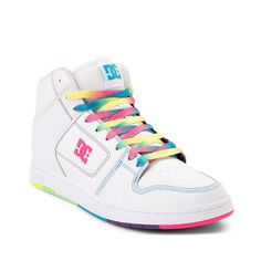 Womens DC Manteca 4 Hi Skate Shoe - White / Rainbow | Journeys Dc Skate Shoes, Alley Oop, Cute Dress Outfits, Skate Style, Rainbow Fashion, 90s Childhood, Skate Shoe, White Rainbow, Dc Shoes