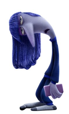 a cartoon character with purple hair and blue eyes