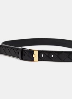 Bottega Veneta Intrecciato nappa leather belt with watch buckle and prong closure. Features muse brass finish. 2.5 cm width. Made in Italy. Sizing in cm to be selected in size selector.