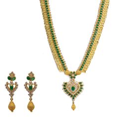 22K Yellow Gold Necklace & Earrings Set W/ Emeralds, CZ Gems & Large Heart Pendants - Virani Jewelers 22k Gold Green Jewelry For Anniversary, Green 22k Gold Jewelry For Anniversary, Traditional Yellow Gold Cubic Zirconia Jewelry, Festive Temple Necklace With 17 Jewels For Anniversary, Yellow Gold Temple Jewelry With Cubic Zirconia, 22k Gold Temple Jewelry Sets For Anniversary, Yellow Gold Cubic Zirconia Temple Jewelry, Gold Kundan Necklace With American Diamond For Anniversary, Anniversary Gold Cubic Zirconia Kundan Necklace