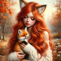 a painting of a woman with red hair holding a fox in her arms and looking at the camera