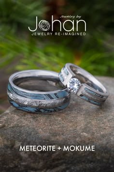 Meteorite and Mokume Wedding Rings Mens Wedding Rings Gay Friendly, Male Engagement Ring Cool, Making Wedding Ring, His And His Engagement Rings, Couples Wedding Rings Sets, Men Crystal Wedding Ring, Mens Gemstone Rings Viking, Mens Meteorite Rings, Wedding Ring Sets Under $500