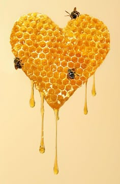 honey dripping from a heart shaped frame with bees on it