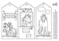 coloring pages for children with horses and farm animals in the barn, one horse is looking out the window