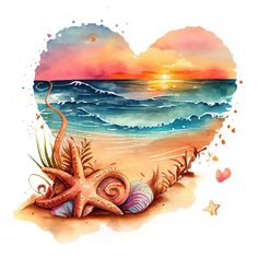 a heart shaped painting with shells and starfish on the beach in front of an ocean sunset