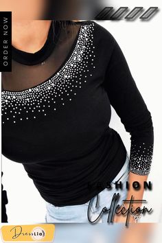 Mesh Insert Studded Blouse P13438 Fashion Materials, Measurement Chart, Hip Length, Length Sleeve, Top Blouse, Mesh, Women's Top