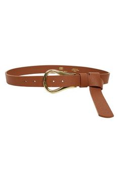 Featuring golden, sculptural hardware and a long leather strap designed to be knotted, this belt stands out as a versatile addition to any wardrobe. 1" belt width Leather Made in the USA of imported materials Chic Adjustable Leather Belt, Modern Adjustable Brown Belt, Adjustable Belt For Work, Adjustable Self Belt For Workwear, Chic Leather Belt, Gold Leather Belt Buckles, Gold Leather Belt With Self Belt Detail, Modern Adjustable Belts With Belt Loops, Adjustable Modern Belt With Belt Loops