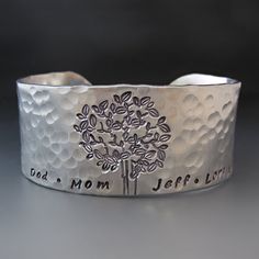 Silver Family Tree Bracelet - Hand Stamped Cuff- Personalize It - 1 inch Engraved Cuff Bracelet For Anniversary, Anniversary Engraved Cuff Bracelet, Engraved Cuff Bracelets For Anniversary, Engraved Silver Bracelets For Anniversary Gift, Silver Engraved Bracelets For Anniversary Gift, Adjustable Sterling Silver Bracelets For Anniversary Gift, Unique Engraved Cuff Bracelet As Gift, Unique Engraved Cuff Bracelet For Gift, Sterling Silver Hand Stamped Cuff Bracelet For Anniversary