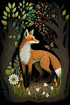 a painting of a fox in the woods with flowers and butterflies on it's back