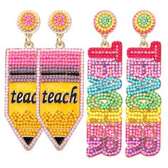 three pairs of earrings with the words teach on them, and an image of a pair of