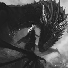 a black and white image of a woman standing next to a dragon