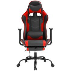 a red and black office chair with wheels on the bottom, in front of a white background