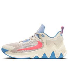 the nike zoom basketball shoe is white and blue with pink accents on the upper part