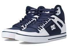 DC Pure High-Top WC - Men's Skate Shoes : DC Navy/White : Bring clean, classic skate style to your everyday with the DC Pure High-Top WC skateboard shoes! Skate shoes in a high-top silhouette. Leather, nubuck, suede, or canvas upper with premium textile quarter. Foam padded tongue and collar for added comfort and support. Mesh lining for breathable wear. Wrap cupsole construction for long-lasting durability. Abrasion-resistant sticky rubber outsole. Outsole features DC's trademarked Pill pattern Tenis Dc, Jordan Heels, Dc Pure, Hightop Shoes, Adidas Outfit Shoes, Shoes Skate, Dr Shoes, Mens Skate Shoes, Skate Style