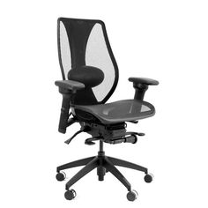 an office chair that is sitting up against a white background with wheels on the back