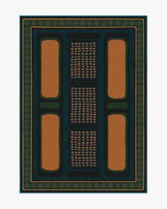 an orange and green area rug with squares on the bottom, two rows of smaller rectangular shapes