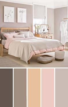 a bedroom is shown with neutrals and pales in the color scheme, along with white bedding