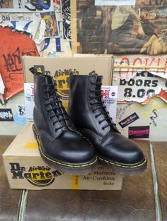 A superb , original, Made in England Dr Martens boot from the 1990s.  This was a golden era for the brand.. These boots are the classic 8 hole finished in black leather and the stronger commando sole unit  They are a UK size 10, European 45, USA mens 11. Classic Combat Boots With Steel Toe For Streetwear, Streetwear Steel Toe Ankle Martin Boots, Classic Steel Toe Combat Boots For Streetwear, Steel Toe Ankle Boots For Streetwear, Classic Ankle Combat Boots For Streetwear, Classic Boots With Reinforced Toe For Streetwear, Streetwear Steel Toe High Ankle Work Boots, Classic High-top Boots For Streetwear, Streetwear High Ankle Work Boots With Steel Toe