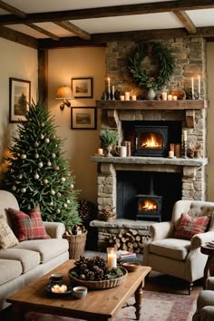 a living room filled with furniture and a christmas tree in front of a fire place