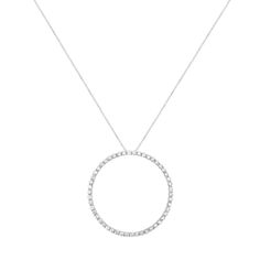 You can't go wrong with this simple and delicate circle pendant necklace. Crafted in cool sterling silver, this pendant features 4ct TDW of diamonds. 50 glistening round cut diamonds line this open circle pendant that dangles from a rope chain and secures with a spring ring clasp. Modern White Gold Necklaces With Open Circle, Modern White Gold Necklace With Open Circle Design, Modern Necklaces With Single Cut Diamonds, Modern Round Necklaces With Single Cut Diamonds, Modern Brilliant Cut Round Pendant Necklaces, Classic White Gold Open Circle Necklace, Modern White Gold Open Circle Necklaces, Modern Round Brilliant Cut Necklace, Modern White Gold Open Circle Necklace