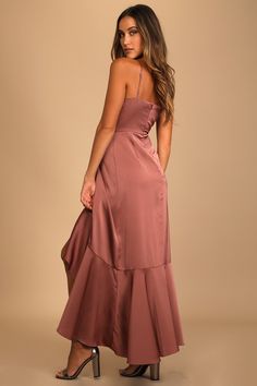 Sparks are sure to fly whenever the Lulus Enchanted Moments Mauve Pink Satin Ruffled High-Low Dress is around! Sleek woven satin shapes a darted bodice, adjustable spaghetti straps, and a high waist. Ruffle-trimmed skirt has an overlapping high-low silhouette, perfect for showing off your favorite heels. Hidden back zipper/clasp. Fit: This garment fits true to size. Length: Ankle length. Size medium measures 46.25" from top to bottom. Bust: Great for any cup size. Waist: Fitted - very fitted at Mauve Pink Dress, Satin Ruffle Dress, Casual Formal Dresses, Surplice Dress, Work Fits, Ruffled Dress, Casual Wedding Dress, Different Dresses, Mauve Pink