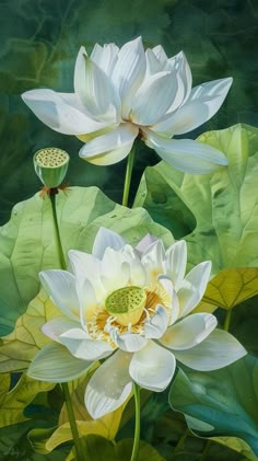 two white water lilies with green leaves