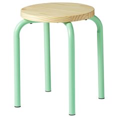 a small wooden stool with green legs and a wood seat on the bottom, against a white background