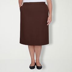 Slip into our suit skirt for a polished and professional look.Front Style: Flat FrontClosure Type: Elastic BackPockets: 2 Side Slip PocketsRise: At WaistApparel Length: 27.5 InchesFiber Content: 100% PolyesterFabric Description: WovenLining: UnlinedSkirt Length: Knee LengthCare: Machine WashSkirt Type: Pencil SkirtsCountry of Origin: Imported Classic Office Skirt With Pockets, Classic Knee-length Workwear Bottoms, Classic Knee-length Bottoms For Work, Elegant Business Casual Pencil Skirt With Pockets, Elegant Relaxed Pencil Skirt With Pockets, Elegant Office Skirt With Pockets, Elegant Knee-length Solid Skort, Formal Brown Knee-length Skirt, Brown Knee-length Skirt For Formal Occasions