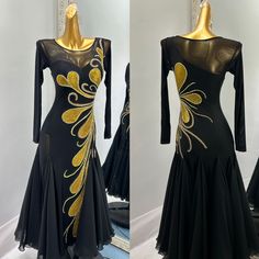 All dresses are custom made based on your measurements and will take 40 days for production and 1-2 weeks for delivery. Urgent order is available at additional cost.  All prices in the listings are based on XS/S size, if you have a different size, the cost may increase due to more fabric and embellishments are required to keep the visual effect of the same design. You may share your height weight bust waist hip measurements with us to confirm your price before placing an order.  You may alter th Elegant Fitted Dance Dress, Gold Fitted Long-sleeved Dress, Elegant Fitted Dress For Dance, Gold Fitted Long Sleeve Dress, Fitted Gold Dress With Long Sleeves, Fitted Black Dress For Ballroom, Elegant Fitted Ballroom Gown, Elegant Dance Dress With Fitted Bodice, Black Fitted Dance Dress